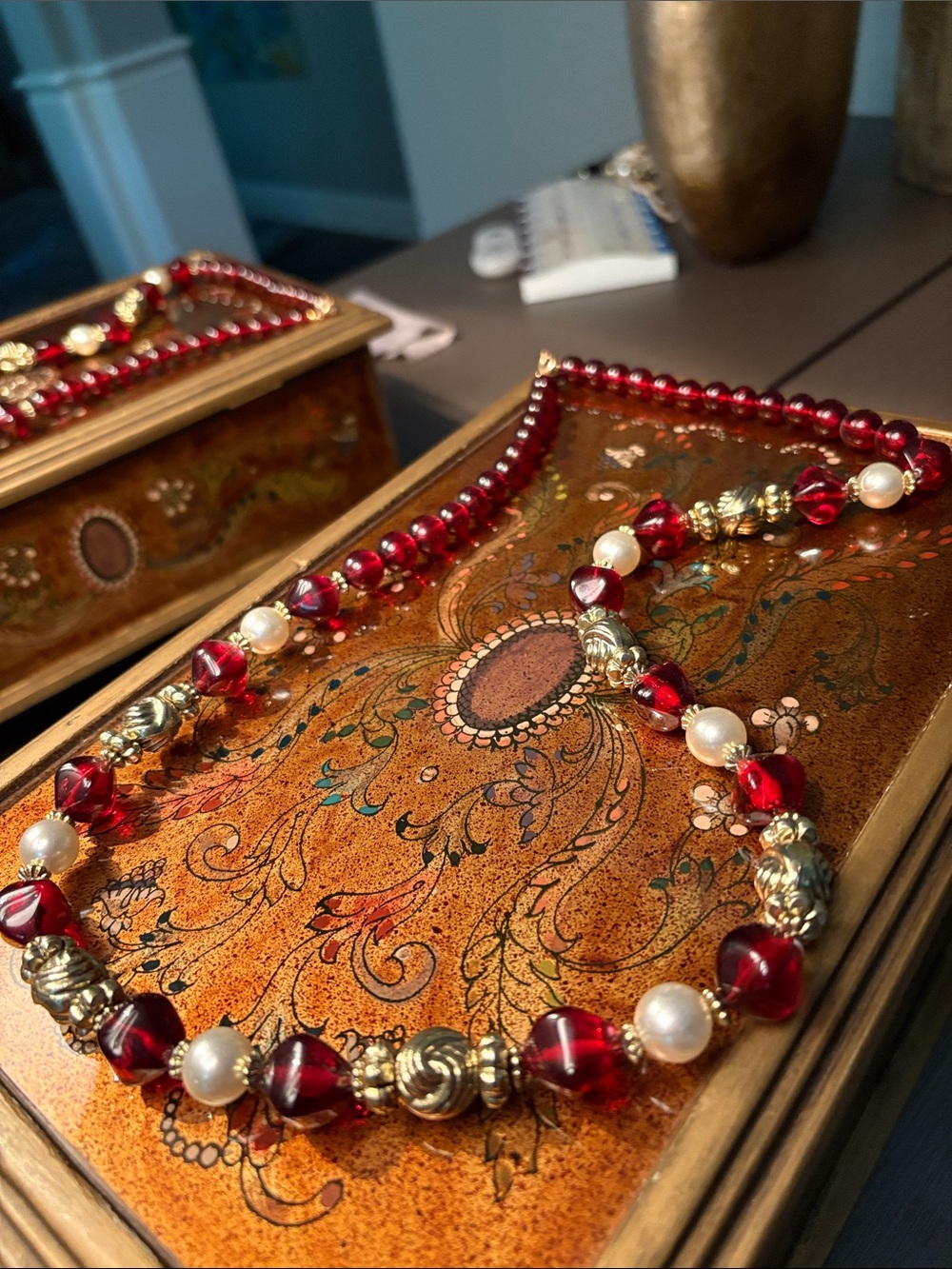 Elegant Red Bead and Pearl Necklace - Gold Accents